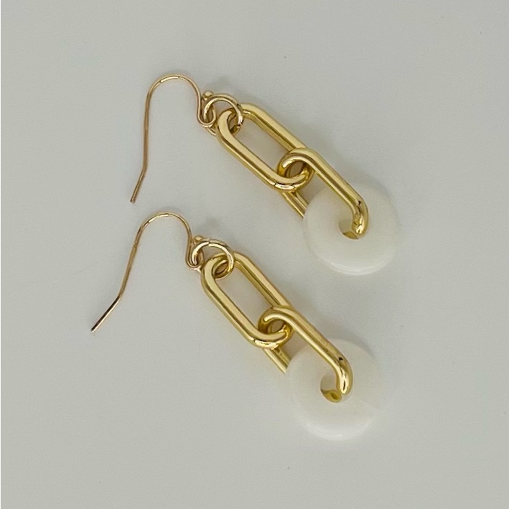 Gold Tone Paperclip Earrings with White Accent Bead